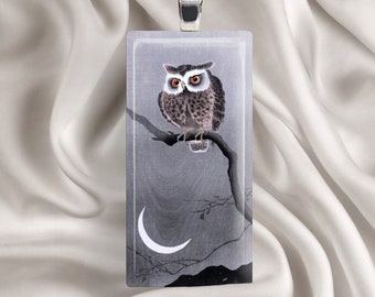 Owl Necklace, Owl Pendant, Owl with Moon - Rectangle Pendant Necklace - Crescent Moon, Moon Necklace, Owl at Night, Bird Necklace, Owl Tile