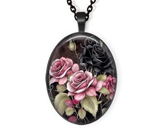 Dark Roses Pendant-Rose Necklace, Rose Pendant, Rose Key Chain,Pink Roses, Black Roses,Floral, Flower Necklace, Flower Pendant, Goth Jewelry
