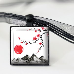 Bergen en kersenbloesems hanger, ketting of sleutelhanger - Bloem ketting, Cherry Blossom Ketting, Aziatisch Design, Red Sun