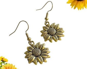 Sunflower Earrings - Sunflowers, Flower Earrings, Dangles, Bronze, Antiqued Gold, Floral, Sunflower
