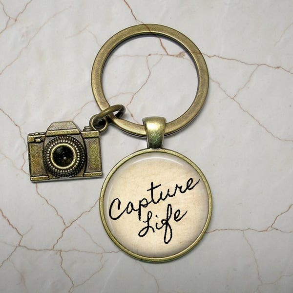 Capture Life Photography Key Chain or Necklace with Camera Charm - Choice of Silver or Bronze - Photographer, Camera, Art