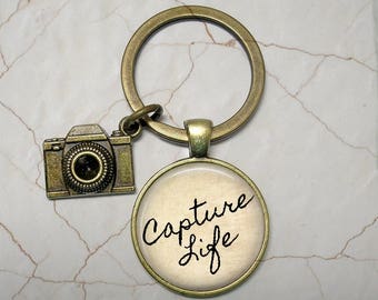 Capture Life Photography Key Chain or Necklace with Camera Charm - Choice of Silver or Bronze - Photographer, Camera, Art