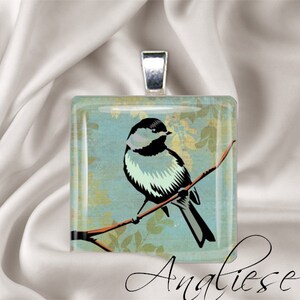 Rustic Bird Square Glass Tile Pendant Necklace, Bird Pendant, Bird Necklace Chain not included image 2