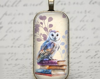 Owl Necklace, Owl Pendant, Owl with Books - Rectangle Pendant Necklace - Librarian, Wise Owl, Owl on Books, Vintage Look, Pretty Owl, Birds