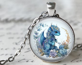Blue Dragon Necklace, Dragon Pendant, Dragon Key Chain, Garden Dragon, Magical, Mystical, Dragon Jewelry, Dragon Lovers, Cute, Floral