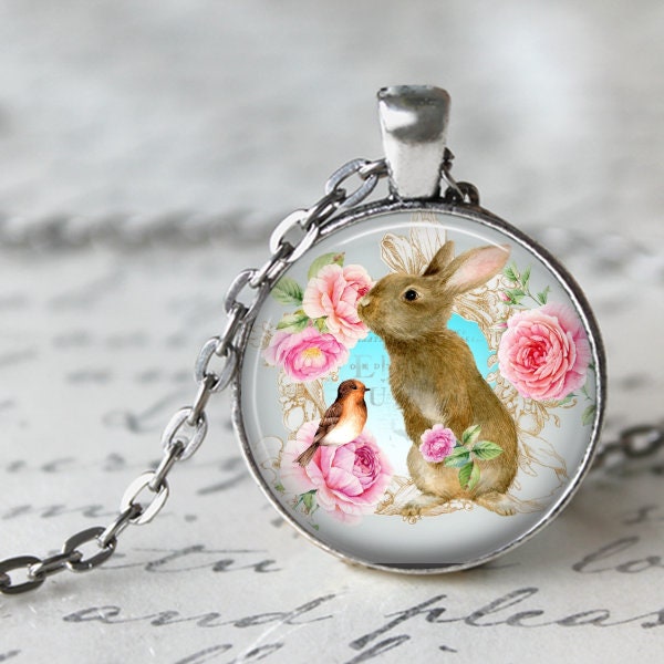 Bunny Necklace, Easter Necklace, Bunny Pendant, Rabbit Necklace, Rabbit and Bird, Spring Flowers, Easter Key Chain, Easter Gift, Roses