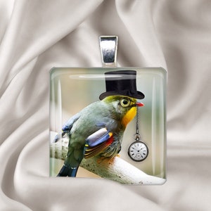 The Time Keeper Steampunk Bird Pendant Square Glass Tile Pendant Necklace image 1
