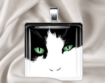 Tuxedo Cat - Square Glass Tile Pendant Necklace -  Cat Pendant, Cat Necklace