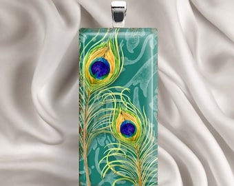 Painted Peacock Feathers - Glass Tile Pendant, Peacock Necklace, Peacock Feather Necklace, Peacock Pendant, Feather Pendant