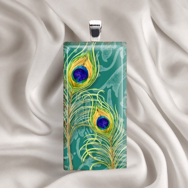 Painted Peacock Feathers - Glass Tile Pendant, Peacock Necklace, Peacock Feather Necklace, Peacock Pendant, Feather Pendant