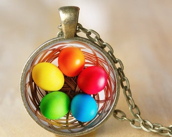 Easter Necklace, Rainbow Eggs Pendant, Egg Necklace, Eggs in a Basket, Rainbow Eggs Necklace, Easter Key Chain, Easter Gift