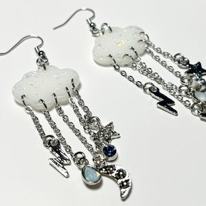Cloud Earrings, Weather, Clouds with lightening, Stars, Moons, dangles, Dangle Earrings, Glitter Clouds, Fun Dangle Earrings, Celestial