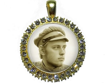 GOLD Custom Photo Pendant in Rhinesetone Bezel - Gold Rhinestone Necklace, Custom Photo Necklace, Custom Rhinestone Jewelry - Personalized