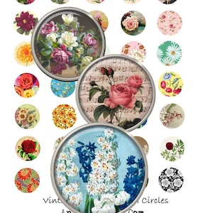 Digital Collage Sheet - Instant Download - Vintage Florals - 1 Inch Circles - NEW