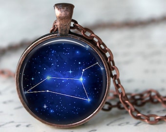 Leo Constellation Zodiac Pendant Necklace or Key Chain - Choice of 4 Bezel Colors - July 23rd - Aug. 22nd Birthday, Constellations, Space