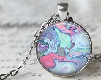 Marbled Pendant, Necklace or Key Chain - Choice of Bezel Color - 1 inch round - Abstract Necklace, Pastel Marbled Necklace, Abstract Jewelry