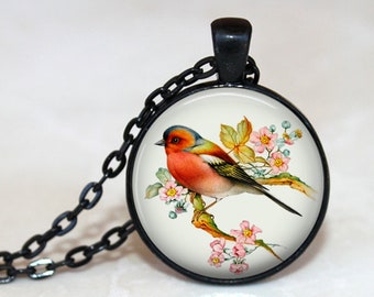 Colorful Finch Pendant, Necklace or Key Chain-Bird Necklace, Songbird Necklace, Vintage Look, Bird Jewelry, Finch on Branch, Flowers