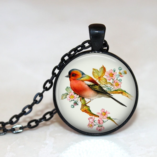 Colorful Finch Pendant, Necklace or Key Chain-Bird Necklace, Songbird Necklace, Vintage Look, Bird Jewelry, Finch on Branch, Flowers
