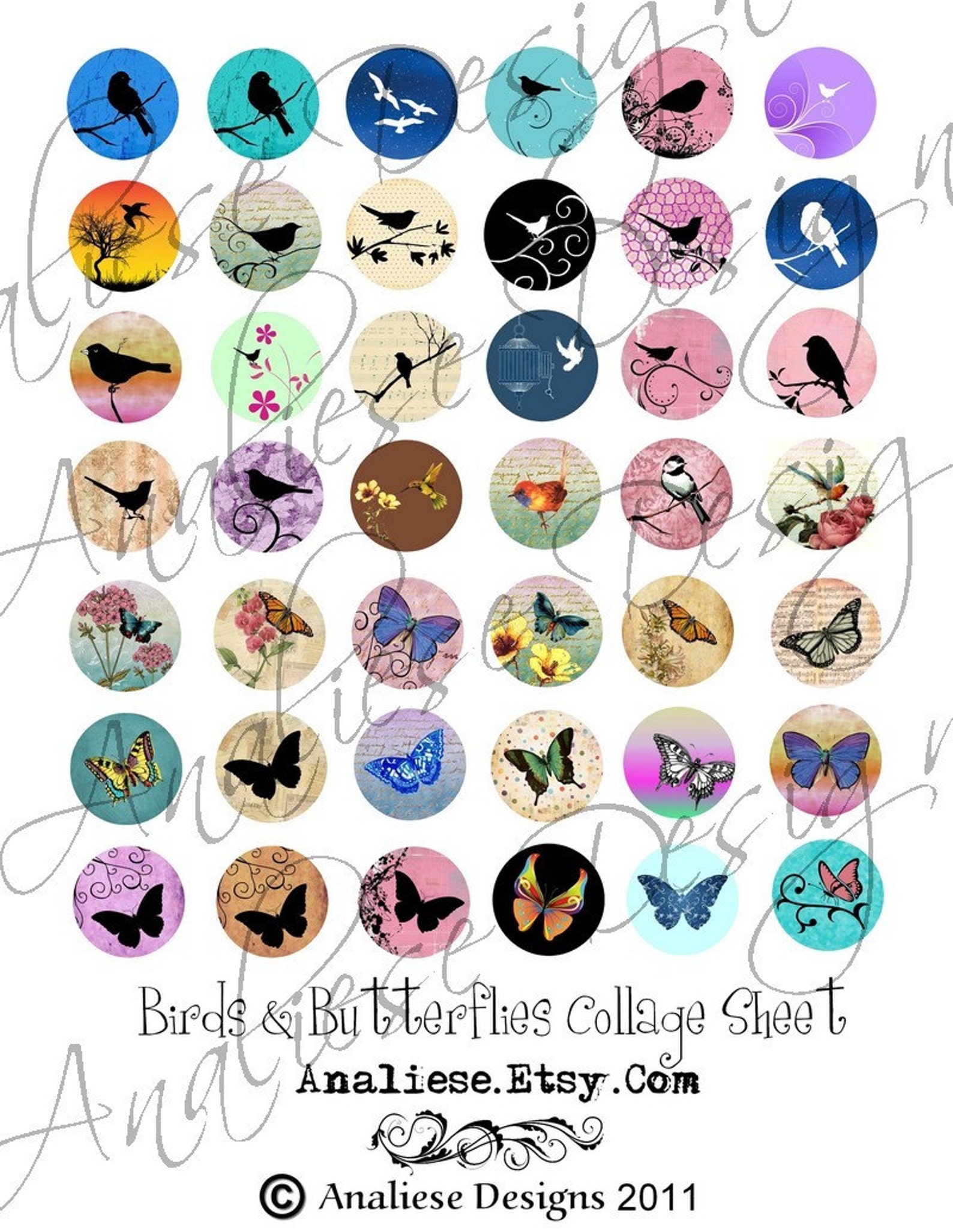 Digital Collage Sheet - Birds and Butterflies - 1 Inch Circles ...