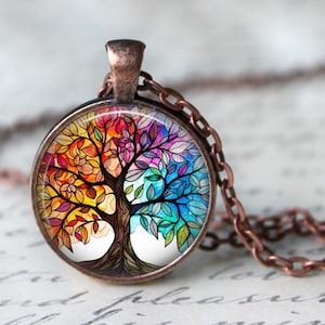 Livets träd-hänge, livets träd-halsband, livets träd-nyckelring, livets träd i regnbågsfärg, symbolik, familj, färgglada löv, höst