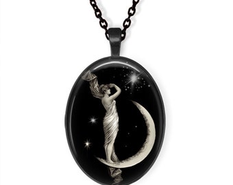 Goddess of the Moon - Vintage Artwork Necklace, Moon Pendant, Moon Necklace, Moon Goddess, Crescent Moon, Moon Key Chain, Art Jewelry