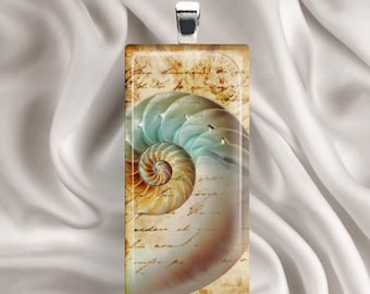 Vintage Nautilus - Rectangle Glass Tile Pendant, Seashell Pendant