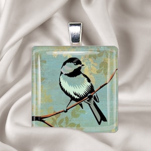 Rustic Bird Square Glass Tile Pendant Necklace, Bird Pendant, Bird Necklace Chain not included image 1