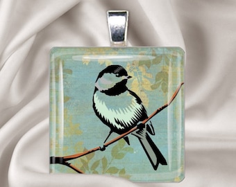 Rustic Bird - Square Glass Tile Pendant Necklace