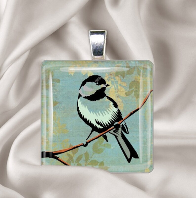 Rustic Bird Square Glass Tile Pendant Necklace, Bird Pendant, Bird Necklace Chain not included image 1