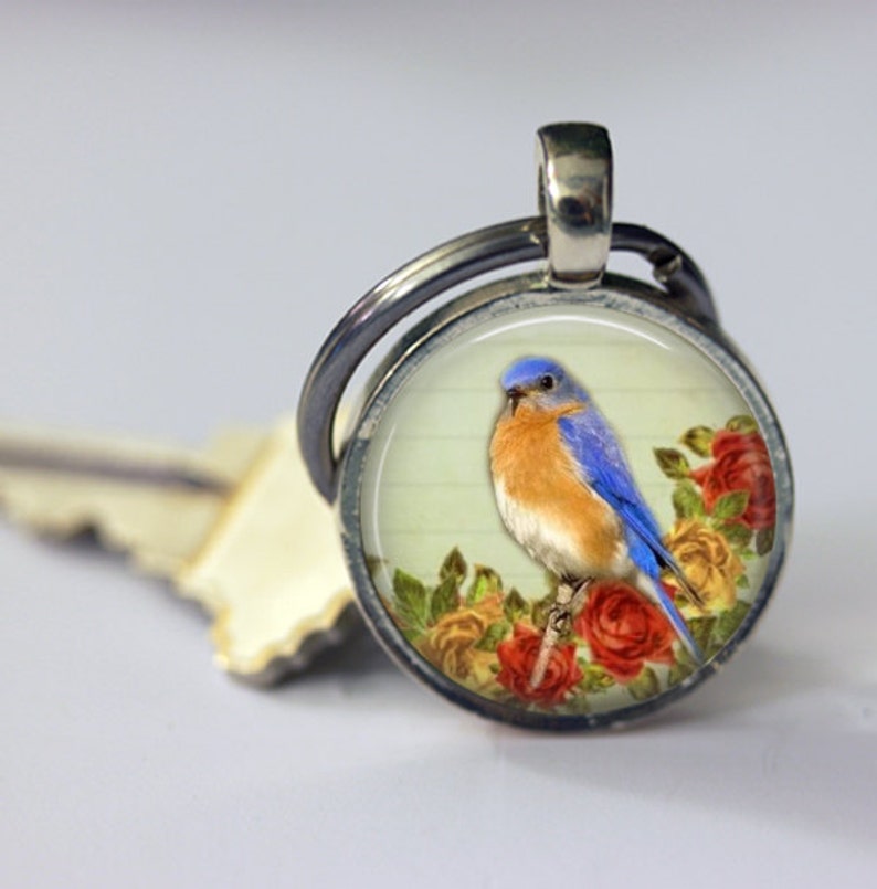 Little Blue Bird Pendant, Necklace or Key Chain Choice of 4 Colors 1 Inch Round image 3