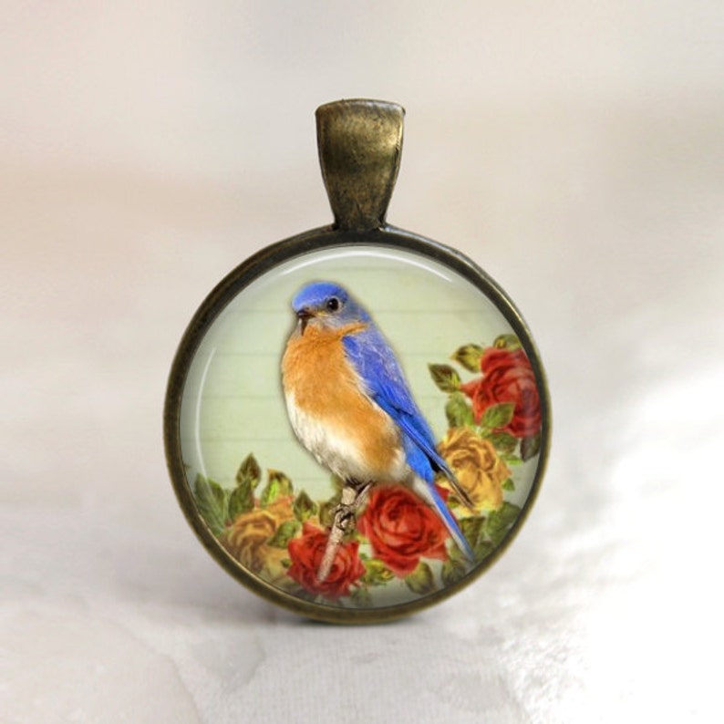 Little Blue Bird Pendant, Necklace or Key Chain Choice of 4 Colors 1 Inch Round image 2