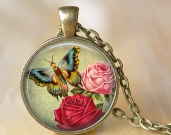 Butterfly Pendant, Necklace or Key Chain - Butterfly Pendant, Butterfly Necklace, Butterfly with Flowers, Butterfly Jewelry, Rose Necklace