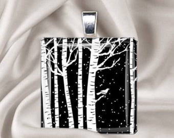 Snowy Birch Forest  - Glass Tile Pendant