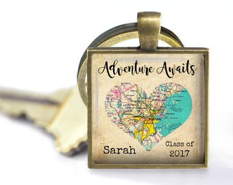 Custom Map Pendant, Necklace or Key Chain for Graduation, New Job, Etc.  Adventure Awaits - Personalized with Name