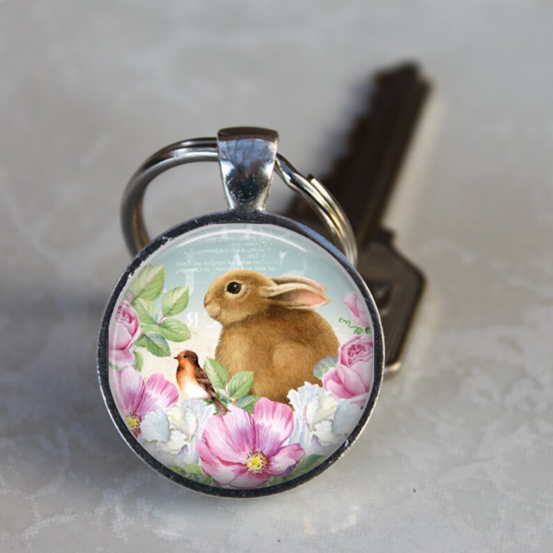 Bunny Necklace, Easter Necklace, Bunny Pendant, Rabbit Necklace, Rabbit and Bird, Spring Flowers, Easter Key Chain, Easter Gift, Flowers image 4