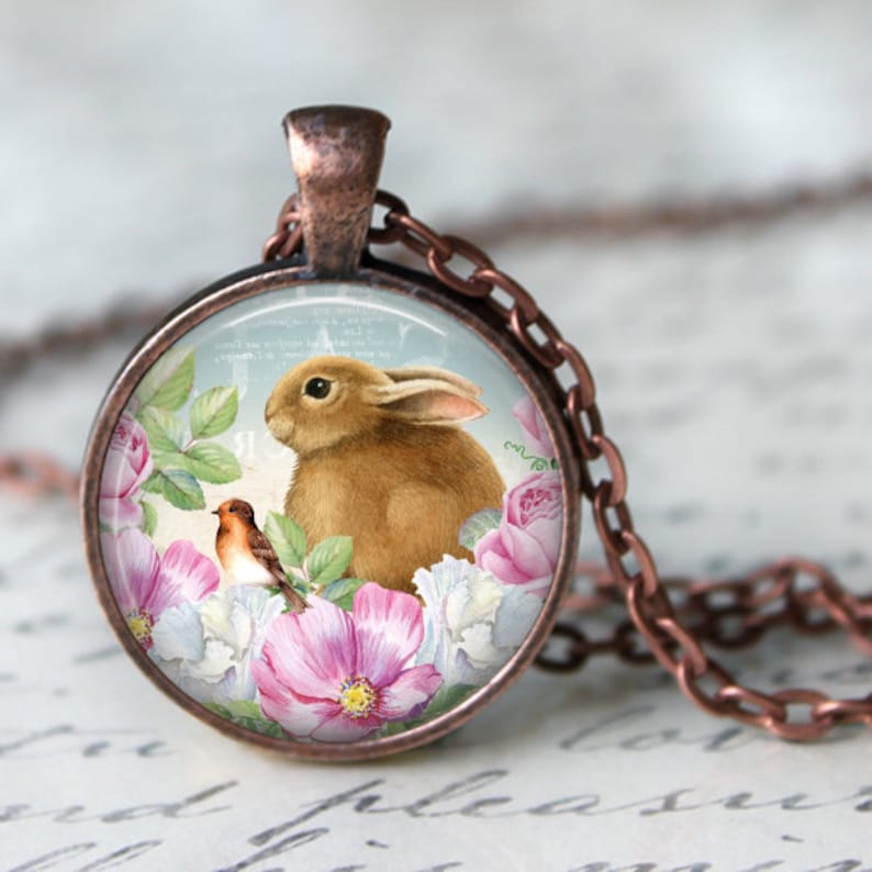 Bunny Necklace, Easter Necklace, Bunny Pendant, Rabbit Necklace, Rabbit and Bird, Spring Flowers, Easter Key Chain, Easter Gift, Flowers image 1