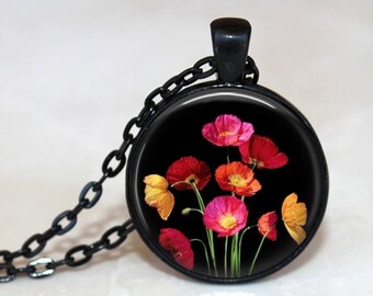 Neon Poppies - Flower Pendant Necklace or Key Chain - Choice of 4 Bezel Colors - Colorful, bright