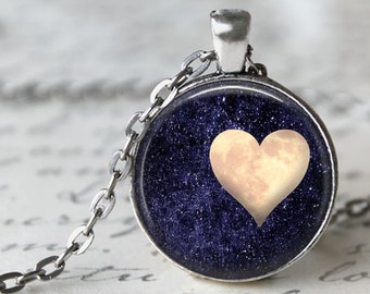 Moon Heart - Moon Necklace, Moon Pendant, Moon Key Chain, Space Necklace, Space Pendant, Space Key Chain, Love, Heart Moon, Full Moon Heart