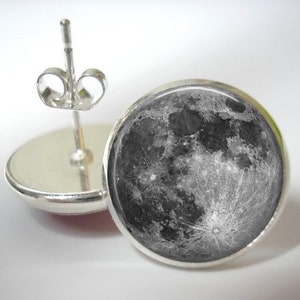 Full Moon Earrings - 12mm Button Stud Earrings - Silver Finish - Matching Pendant Available - Celestial Earrings