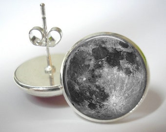 Full Moon Earrings - 12mm Button Stud Earrings - Silver Finish - Matching Pendant Available - Celestial Earrings