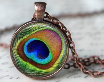 Peacock Feather Eye  Pendant, Necklace or Key Chain - Choice of Bezel Color