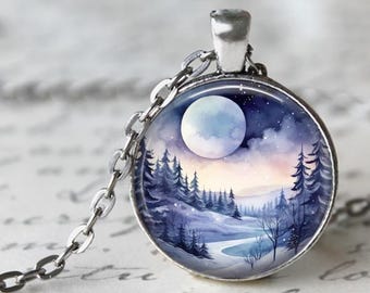 Winter Solstice Necklace, Full Moon Necklace, Winter Pendant, Forest, Moon Pendant, Watercolor Image, Winter Key Chain, Moon Key Chain