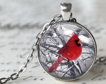Snowy Cardinal Pendant, Necklace or Key Chain, Cardinal Necklace, Winter Cardinal, Red Cardinal, Cardinal Key Chain