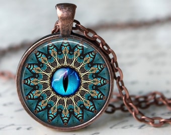 Mandala with Blue Cat's Eye Pendant Necklace or Key Chain - Choice of 4 Colors - 1 Inch Round - Space, Celestial