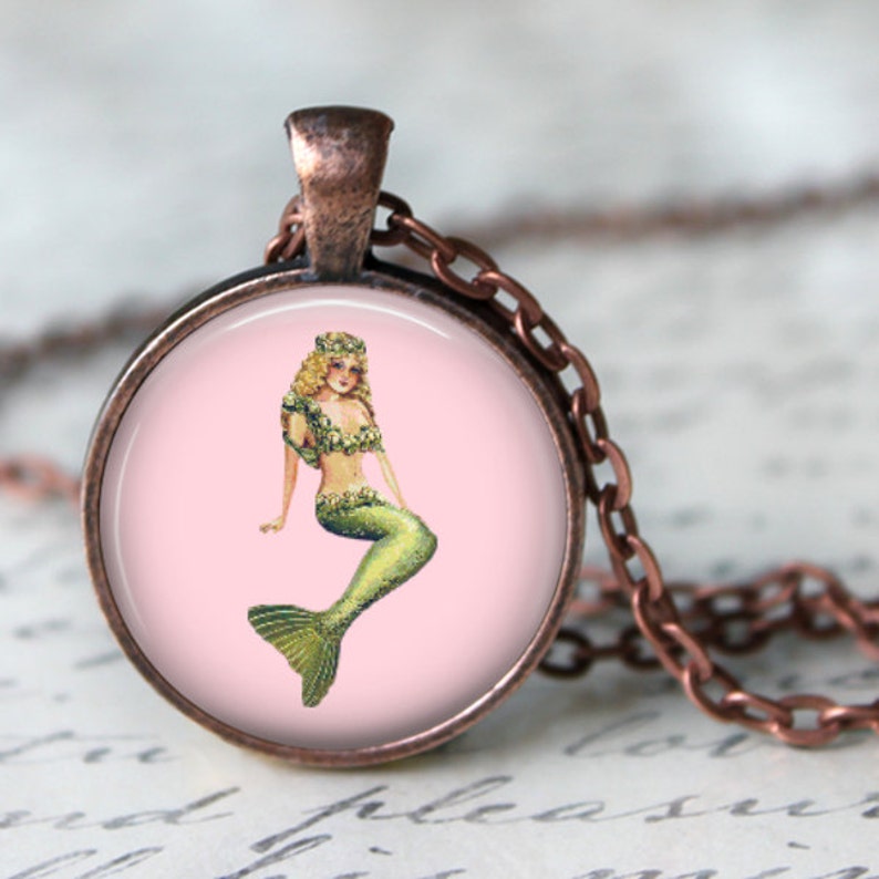 Vintage Mermaid in Pink Mermaid Necklace, Mermaid Key Chain, Mermaid Pendant Choice of Setting Color image 1