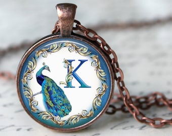 Custom Peacock Monogram, Initial, Letter Pendant, Necklace or Key Chain - Initial Necklace, Letter Pendant, Custom Monogram Key Chain