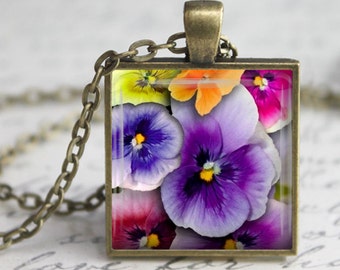 Colorful Pansies Pendant, Necklace or Key Chain - Choice of Silver, Bronze, Copper or Black