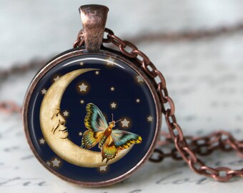 Butterfly Moon Necklace, Pendant or Key Chain - Crescent Moon Necklace, Night Sky, Butterfly Pendant, Moon and Butterfly Pendant, Stars