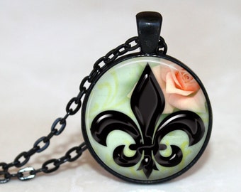 Shiny Black Fluer De Lis with Rose Pendant, Necklace or Key Chain - Choice of 4 Bezel Colors