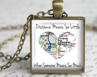 Custom Long Distance Map Pendant, Necklace or Key Chain - 2 Maps in one Heart - Distance Means So Little, When Someone Means So Much